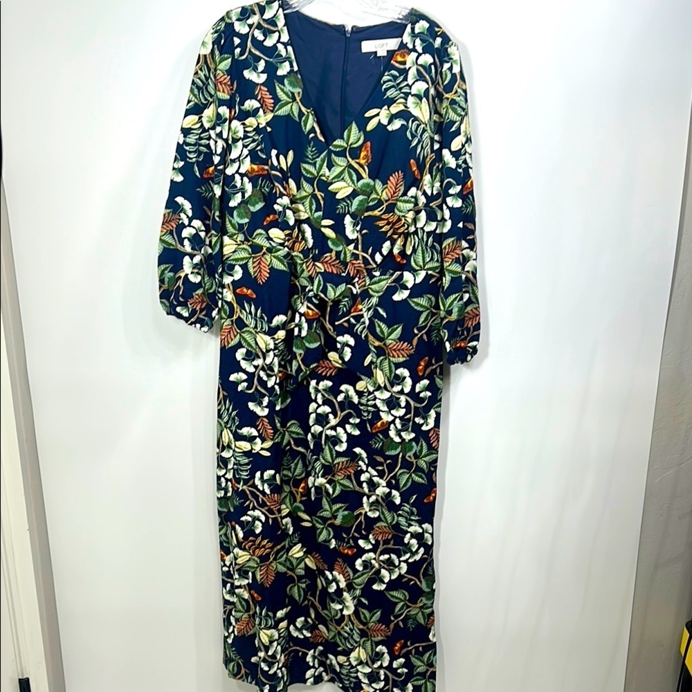 Loft Front Tie Blue Midi Dress 3/4 sleeves size 10. NWT